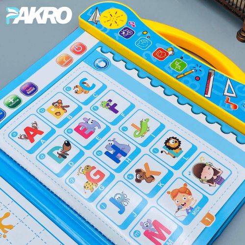 Children's educational toy with alphabet and character illustrations on a blue surface, branded 'PAKRO'.