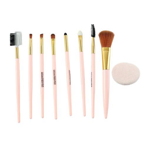 Set of makeup brushes with pink handles and gold ferrules on a white background