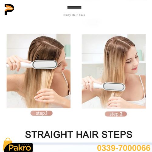Ion Hair Straightener - Two-step process of using a hair straightening tool on hair, with Pakro branding.