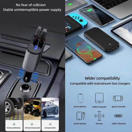 120W Retractable Car Charger 4 in 1 Car Fast Charger For IPhone, USB, Type C