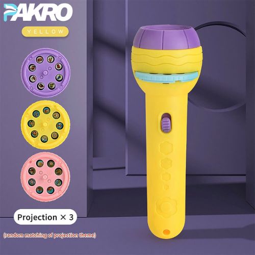 Yellow and purple toy microphone with projection options on a purple background