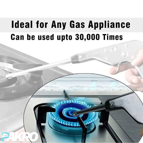 Gas stove with blue flame and a metal tool, with text about its use on gas appliances.