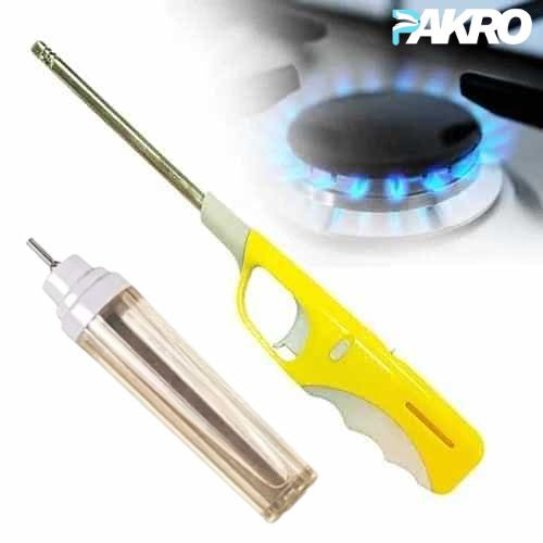 Flame lighter with yellow handle and white body on a gas stove background, featuring the brand 'PAKRO'.
