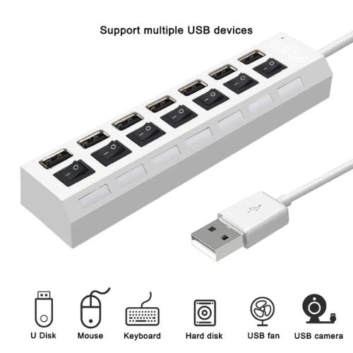 7 Port USB 2.0 Hub - Independent Switch - Compatible with Pc & Tablets