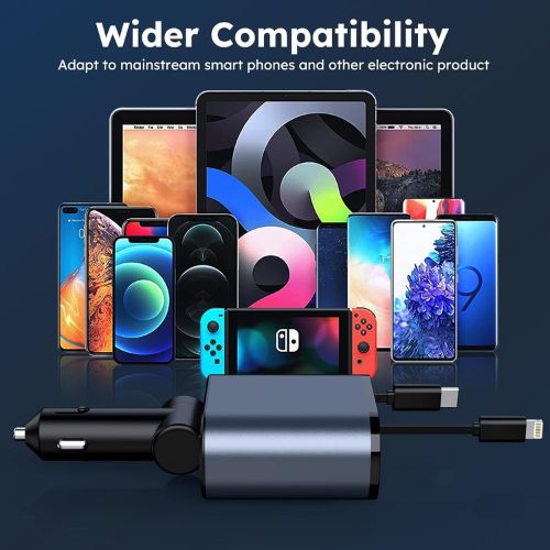 120W Retractable Car Charger 4 in 1 Car Fast Charger For IPhone, USB, Type C