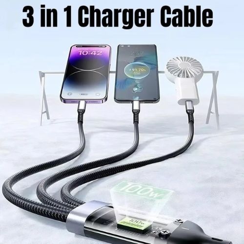 100W - 3-in-1 USB Fast Charging Cable – Type C, Micro, iOS Multi Charger Cable