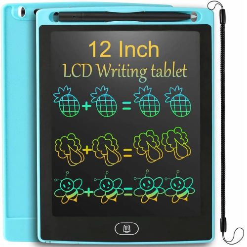 12-inch LCD writing tablet with blue casing and stylus on a white background