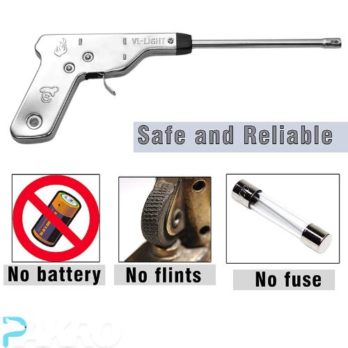 Lighter gun with safety features labeled 'No battery', 'No flints', and 'No fuse' on a white background.