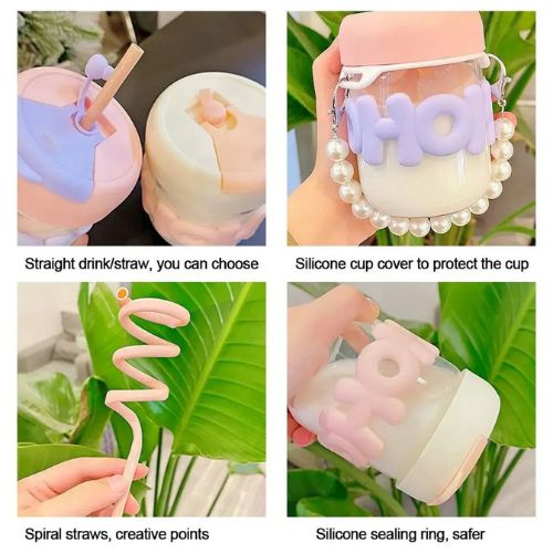 Cute Glass Straw Cup for Girls - 350 Ml