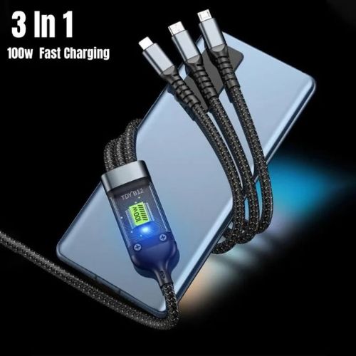 100W - 3-in-1 USB Fast Charging Cable – Type C, Micro, iOS Multi Charger Cable
