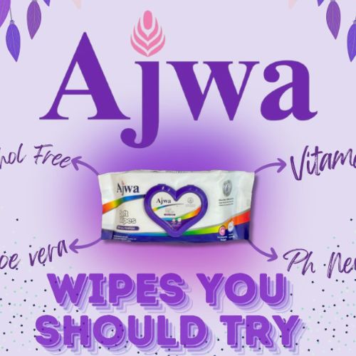 Ajwa Soft & Premium Wipes 100 Sheets, Ajwa wipes packaging on a purple background with promotional text