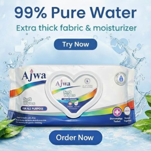 Ajwa Soft & Premium Wipes 100 Sheets. Ajwa soft wipes packaging with water droplets and text on a blue background