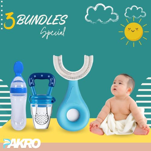 Baby products including a bottle, cup, and teether with a baby sitting on a yellow surface against a teal background with sun and cloud illustrations. Pakro Store