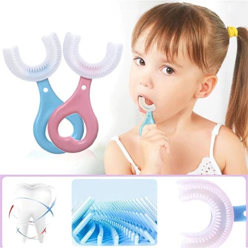 Child using a blue and pink U-shaped toothbrush with additional images of the product and a dental illustration. Baby Combo Pack - Fruit Pacifier, Feeder & Toothbrush For Kids
