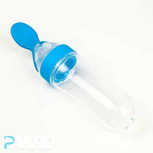 Silicone Baby Food Feeder for Infant Dispensing and Feeding Blue and clear baby feeder on a white background