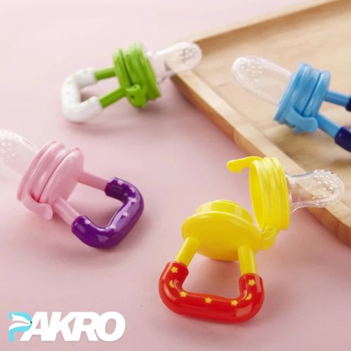 Colorful baby teething toys on a pink surface with 'PAKRO' branding.
Baby Fruit Pacifier Infant Nipple Food Feeder