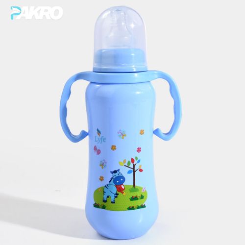 Blue baby bottle with handles and cartoon design on a white background - Lyfe Baby Plastic Feeding Bottle 9Oz | 280ml