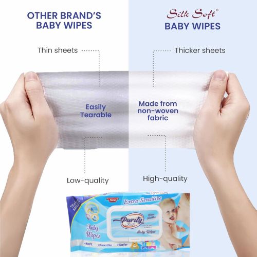 Comparison of other brand's baby wipes with Silk Soft baby wipes showing quality differences. Baby Wet Wipes with Lid – Alcohol-Free & Hypoallergenic