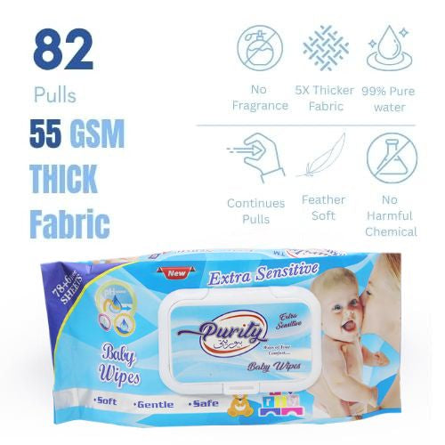 Purity baby wipes packaging with product features highlighted, Baby Wet Wipes with Lid – Alcohol-Free & Hypoallergenic
