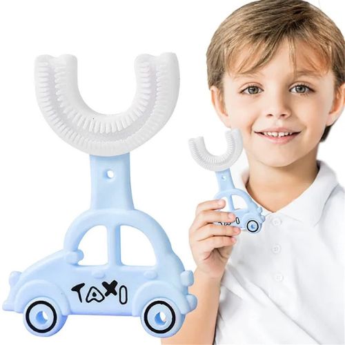 Child holding a blue and white cartoon car-shaped toothbrush with 'Pakro Store' text.
Car Style U-Shape Silicone 360 Degree Baby Toothbrush