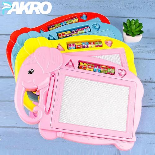 Children Sketchpad Cartoon LCD Writing Tablet - Educational Toy for Kids, Colorful children's drawing board with magnetic letters and numbers on a blue wooden surface, branded 'PAKRO'.