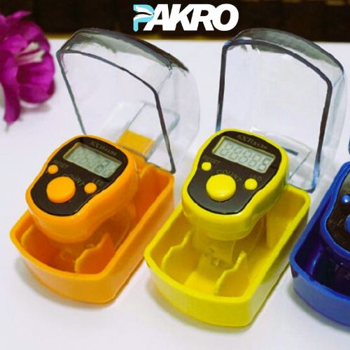Digital 5-Digits Tally Finger Counter with Led & Box. Two digital pedometers in orange and yellow cases with a clear cover on a white background, branded 'PAKRO'.
