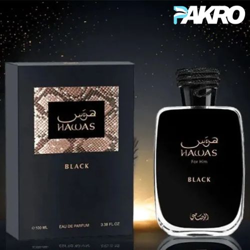 HAWAS Black perfume bottle and packaging on a dark background with 'PAKRO' branding.