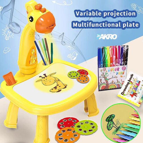 Hello Kitty Kids Drawing Toy Projector Learning Drawing Desk ( 12 Pens - 24 Patterns ). Yellow giraffe-shaped drawing table with art supplies and coloring book on a light blue background
