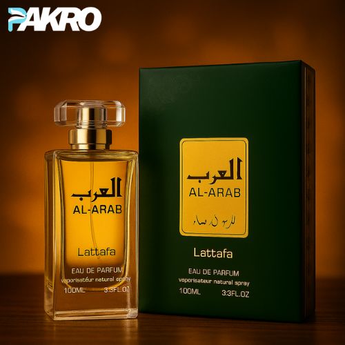Lattafa Al-Arab Eau de Parfum - Lattafa Al-Arab perfume bottle and packaging on a wooden surface with a warm background.