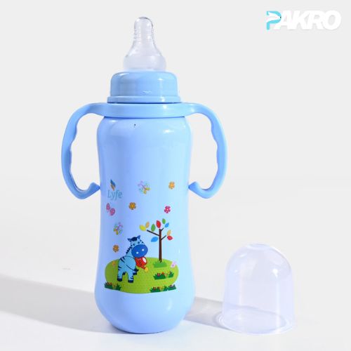 Blue baby bottle with handles and a zebra design on a white background, featuring the brand 'Pukaro'.