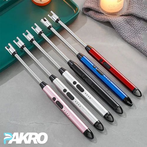 Rechargeable Electric USB Lighter with Flexible Neck, Set of extendable pens in various colors on a gray surface with 'PAKRO' branding.