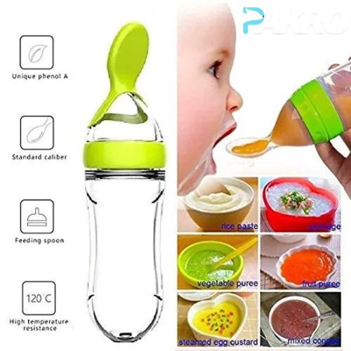 Baby feeding bottle with spoon and images of baby food purees. Silicone Baby Food Feeder for Infant Dispensing and Feeding