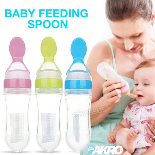 Baby feeding spoons with a woman and child, featuring the brand 'PAKRO'.
Silicone Baby Food Feeder for Infant Dispensing and Feeding