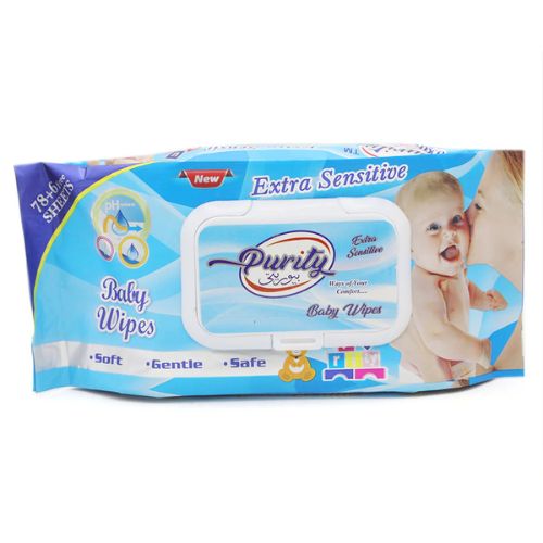 Purity Extra Sensitive baby wipes packaging with a baby and mother illustration on a white background