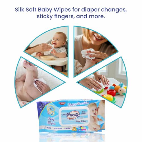 Advertisement for Silk Soft Baby Wipes with images of a baby and a woman using the wipes. Baby Wet Wipes with Lid – Alcohol-Free & Hypoallergenic